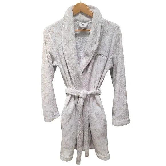 Calvin Klein XS White Plush Robe With CK Logo Pattern Tie Belt Long Sleeves - Picture 1 of 5
